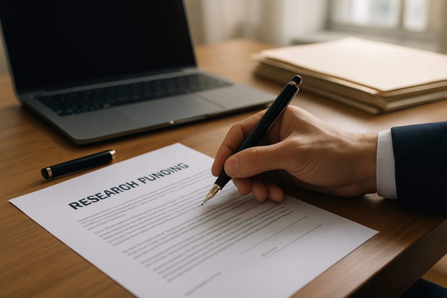 Signing official research funding grant documents on a desk.