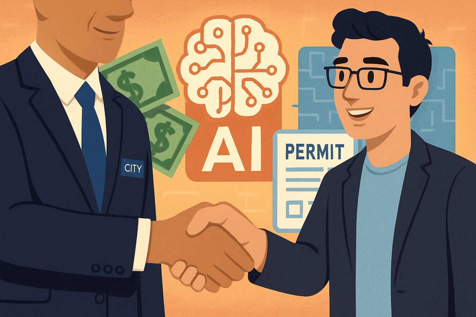 GovTech Funding handshake between city official and AI tech founder.