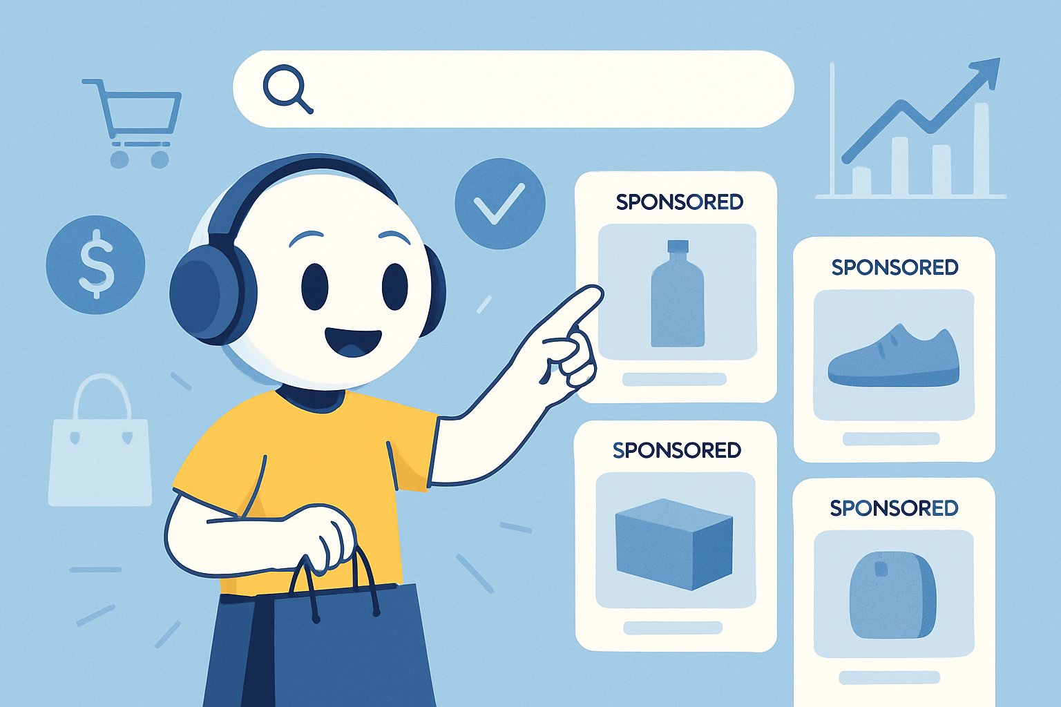 AI Search Monetization shown by digital assistant picking sponsored products in search results