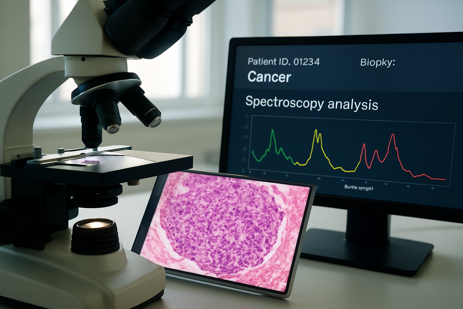 Spectroscopy oncology diagnostics analysis of biopsy sample under microscope.