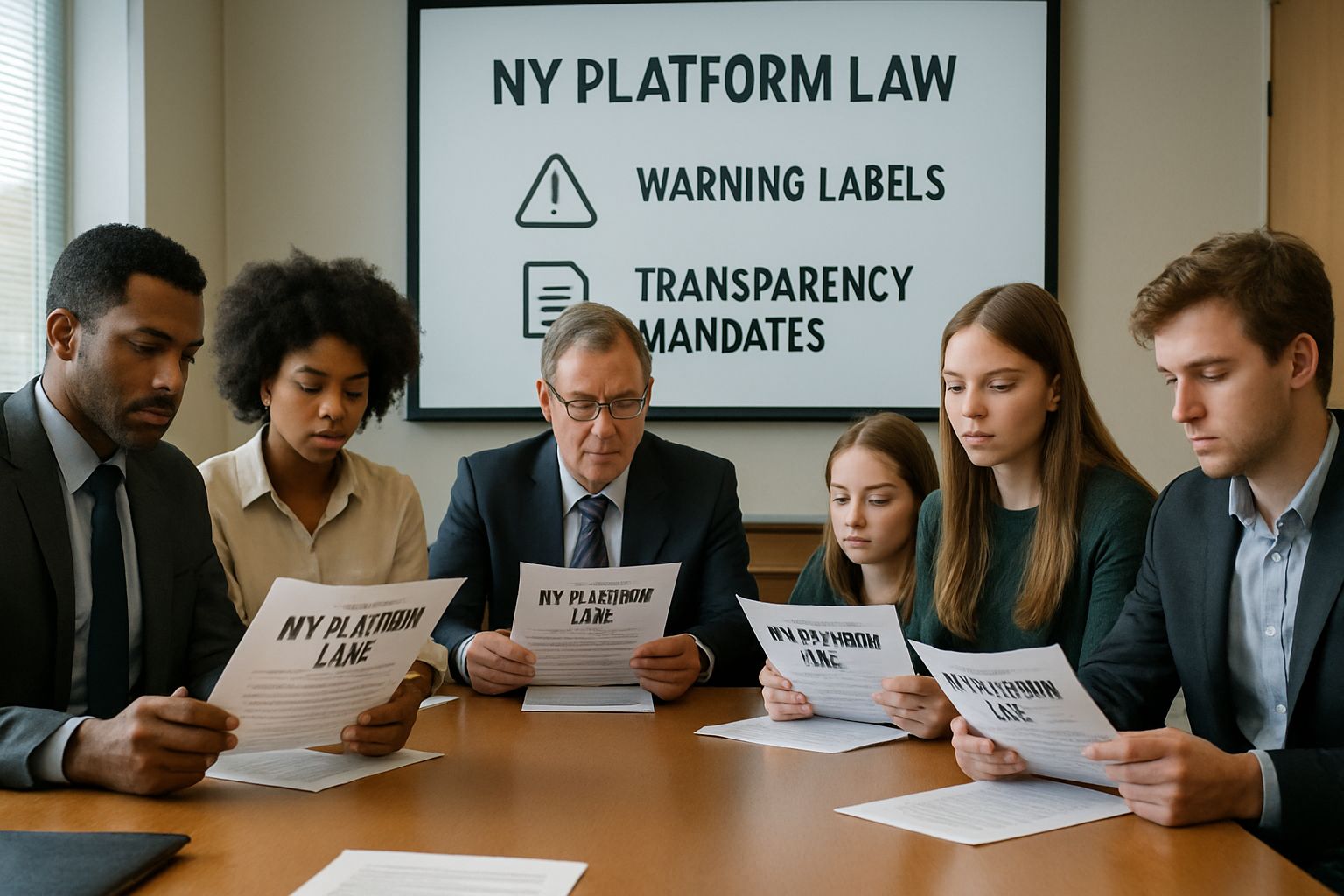 business professionals and advocates review NY platform law documents