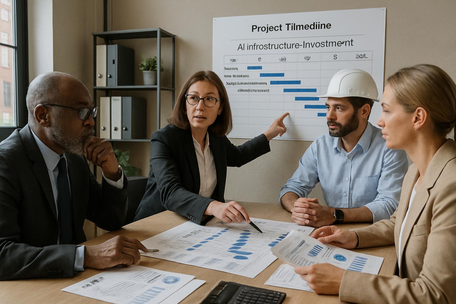 Corporate team reviews AI Infrastructure investment strategy and project timeline.