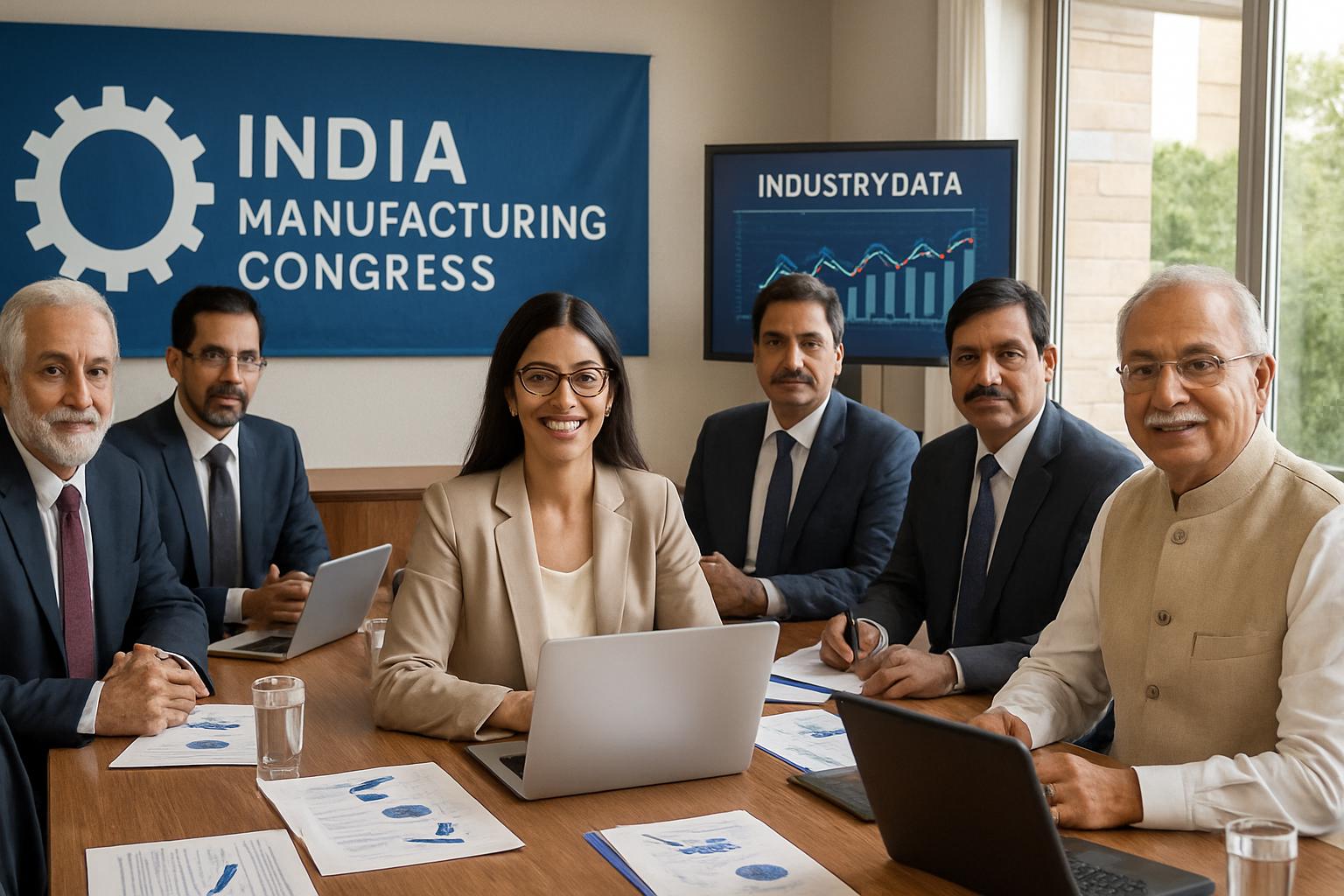 Industry leaders discuss strategy at India manufacturing congress in modern meeting room.