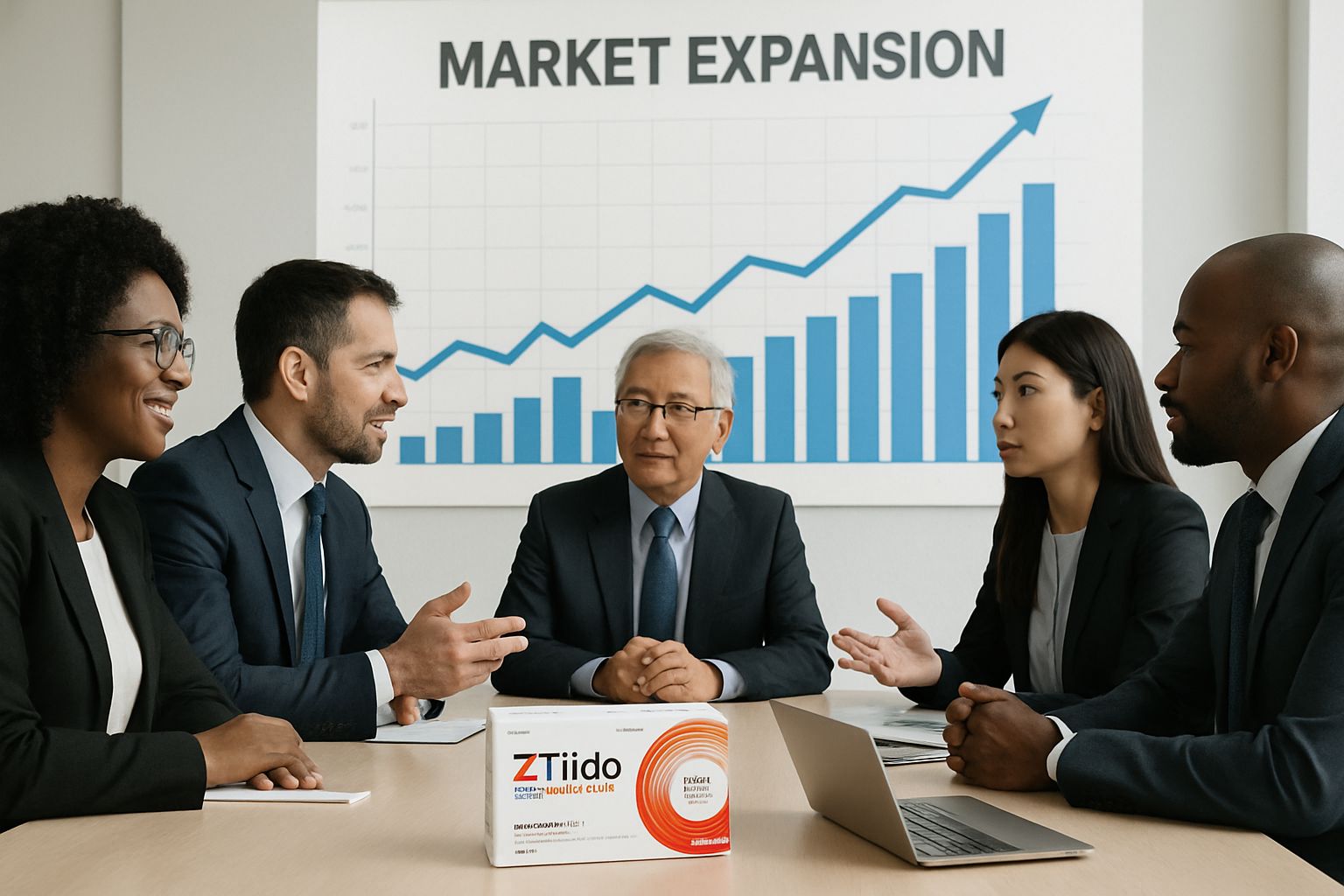 Team reviews Pharma Assets strategy with ZTlido market expansion chart.