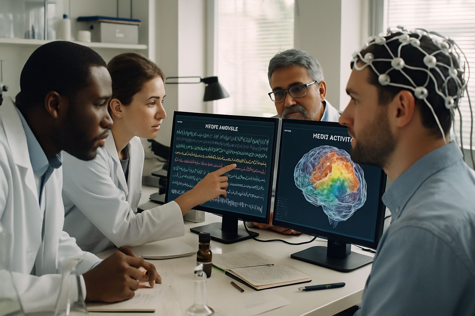 Lab researchers study brain activity data from Neural Implant monitors.