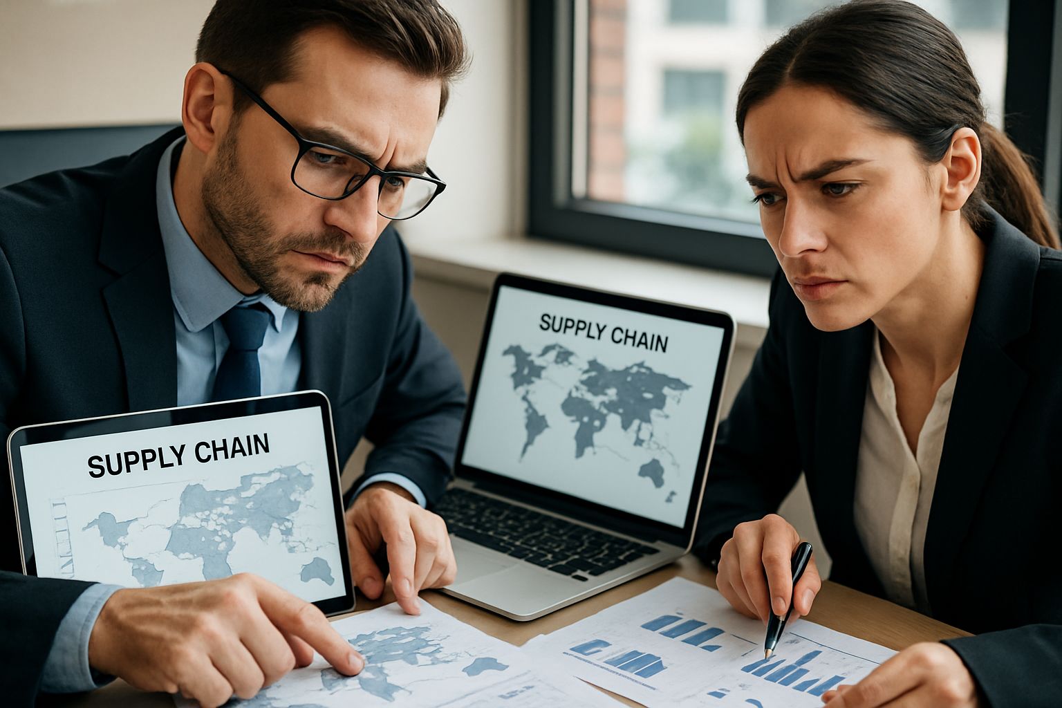 Professionals analyzing data to address supply chain risk in office environment.