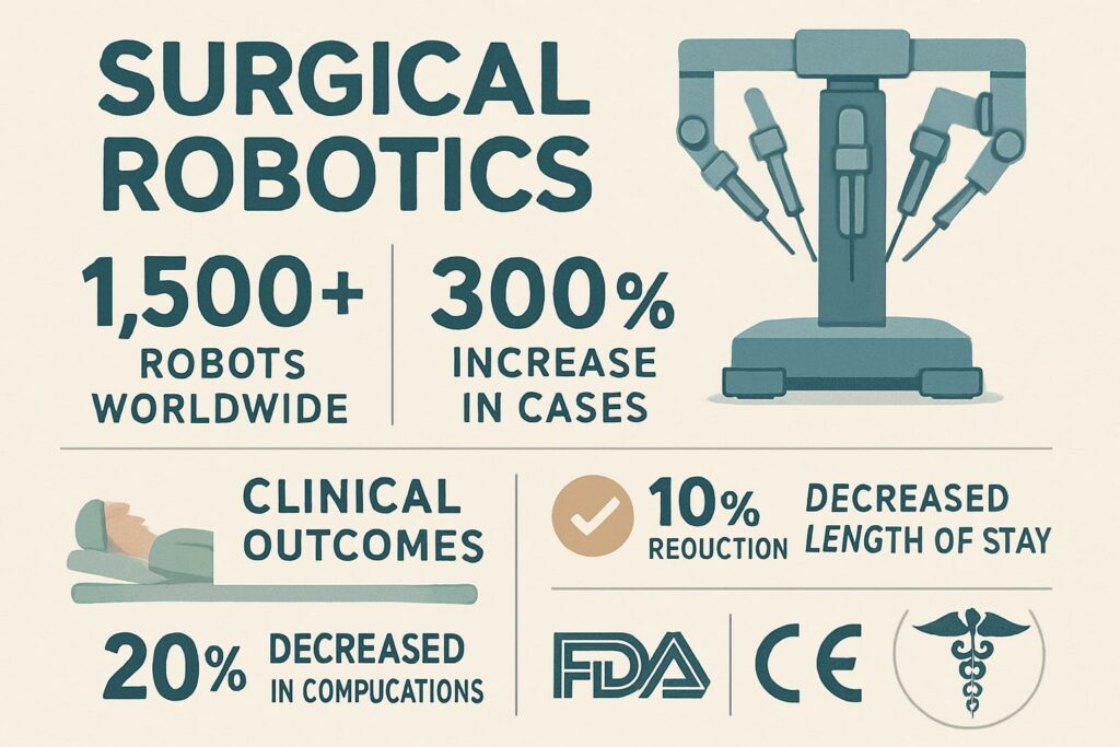 Current image: Infographic displaying Surgical Robotics statistics and certification data.