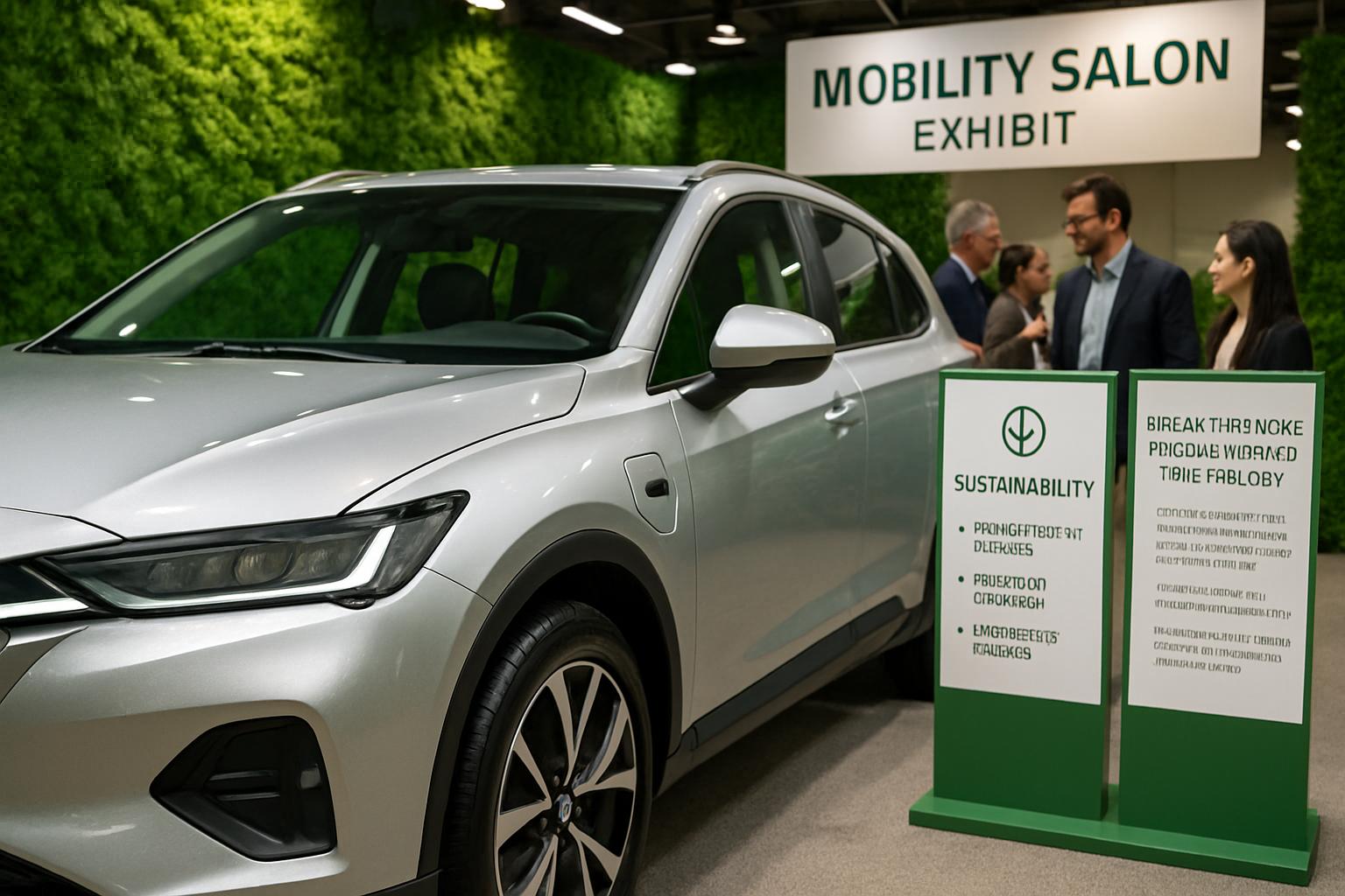 Eco-friendly electric car showcased at Mobility Salon Exhibit event.