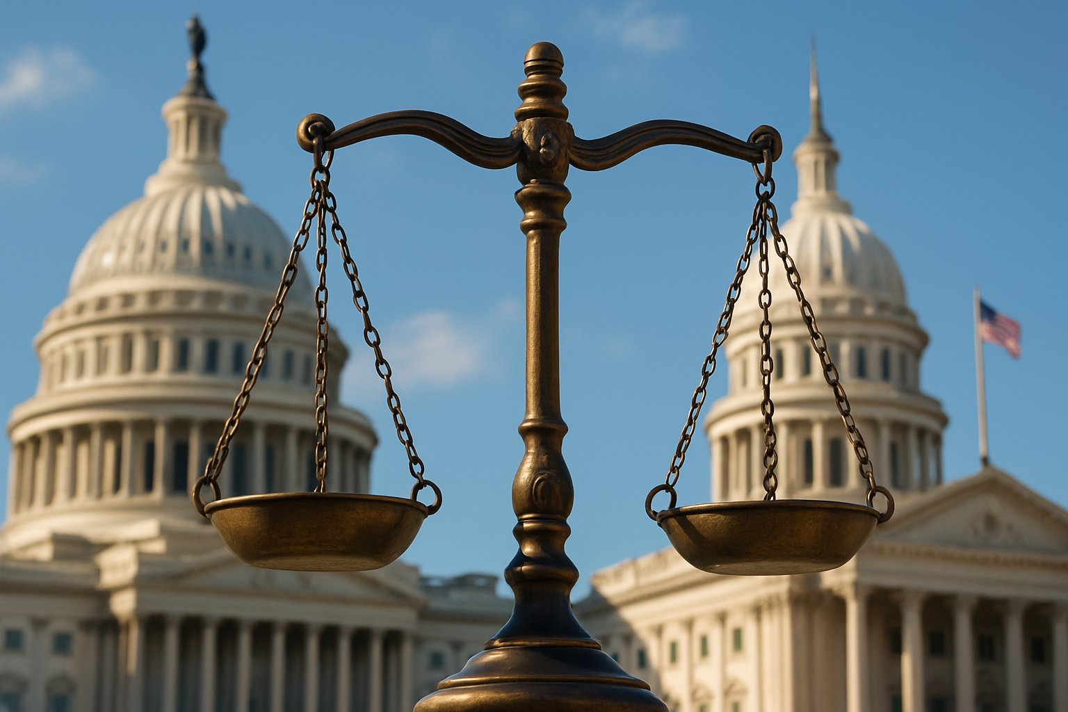 Federal Preemption symbolized by justice scales and Capitol buildings