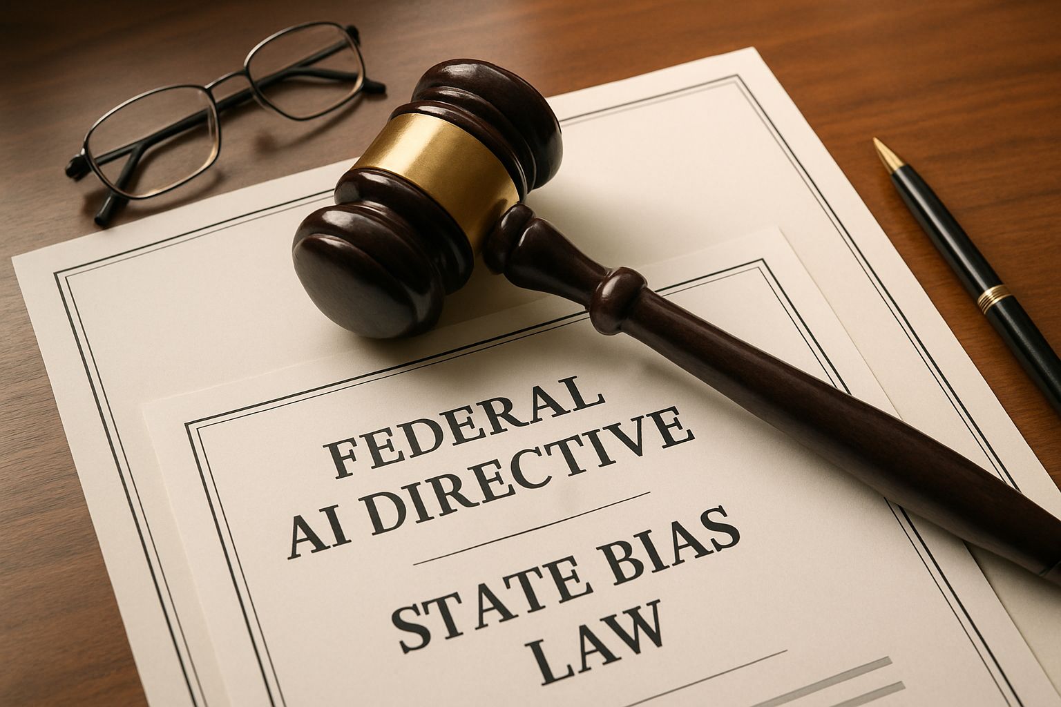 Gavel on federal and state documents represents Regulatory Conflict.