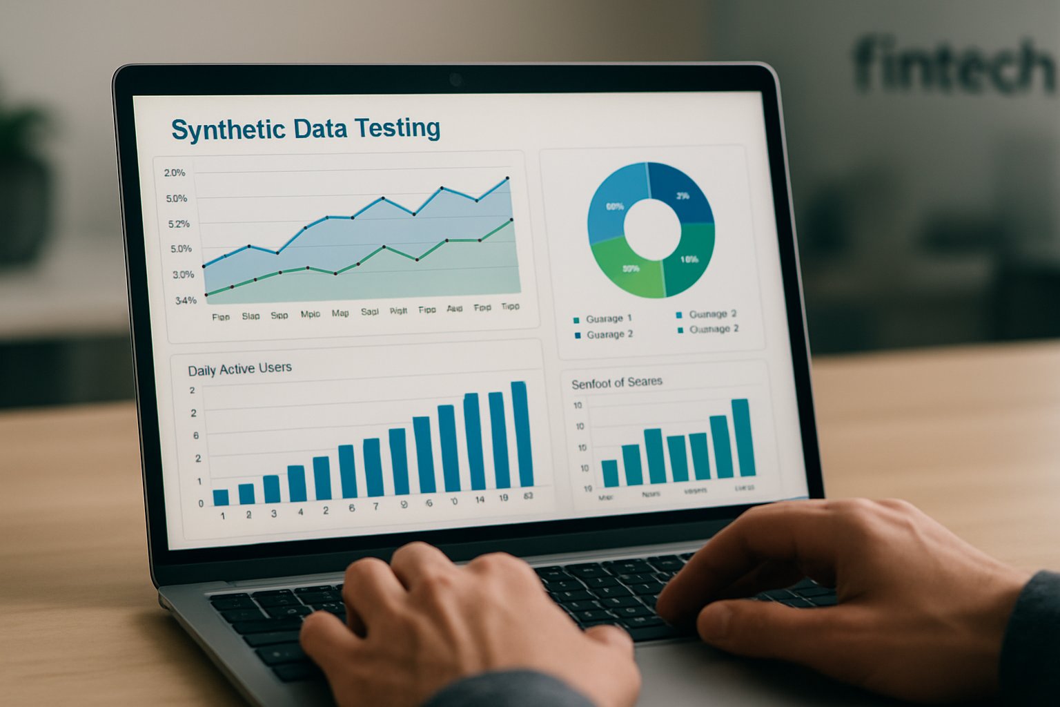 Laptop displaying Synthetic Data testing dashboard for fintech applications in office setting.