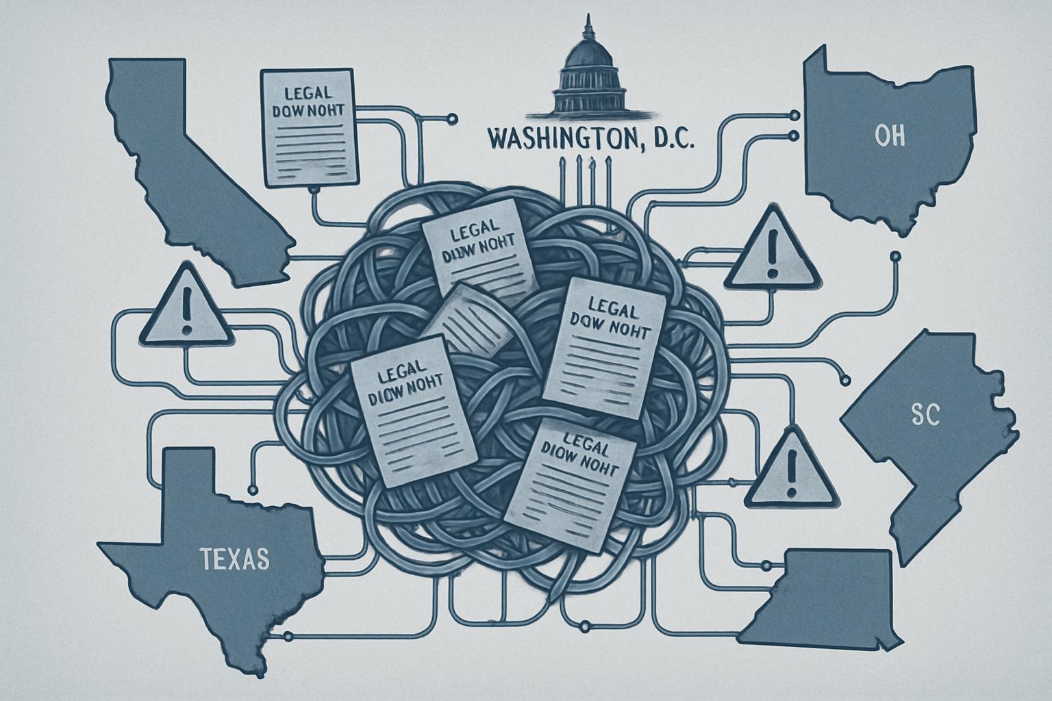 Regulatory Conflict depicted as tangled laws and circuits between federal and state jurisdictions.