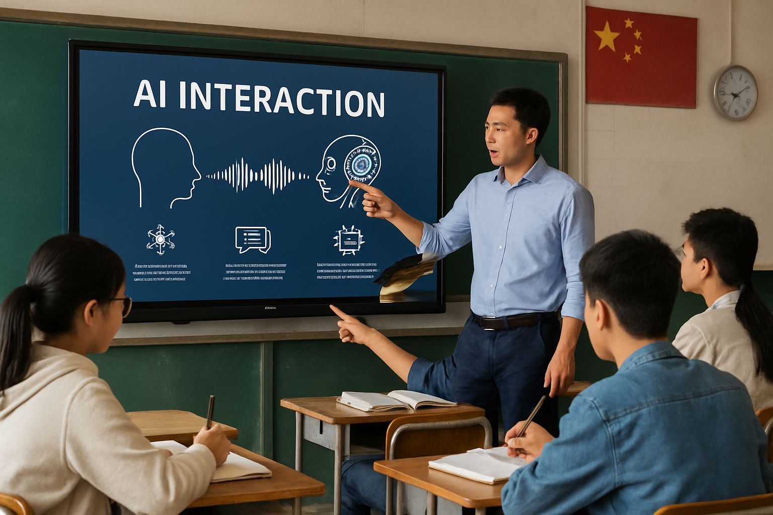 Chinese students learning about new AI Interaction draft rules in a classroom.