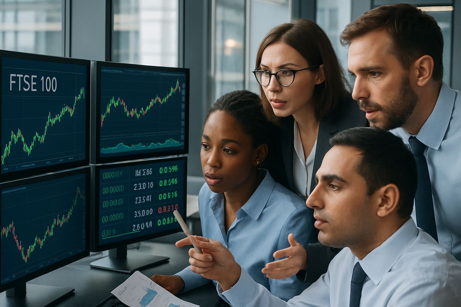 Financial analysts discussing FTSE 100 trends in modern office for Global Markets.