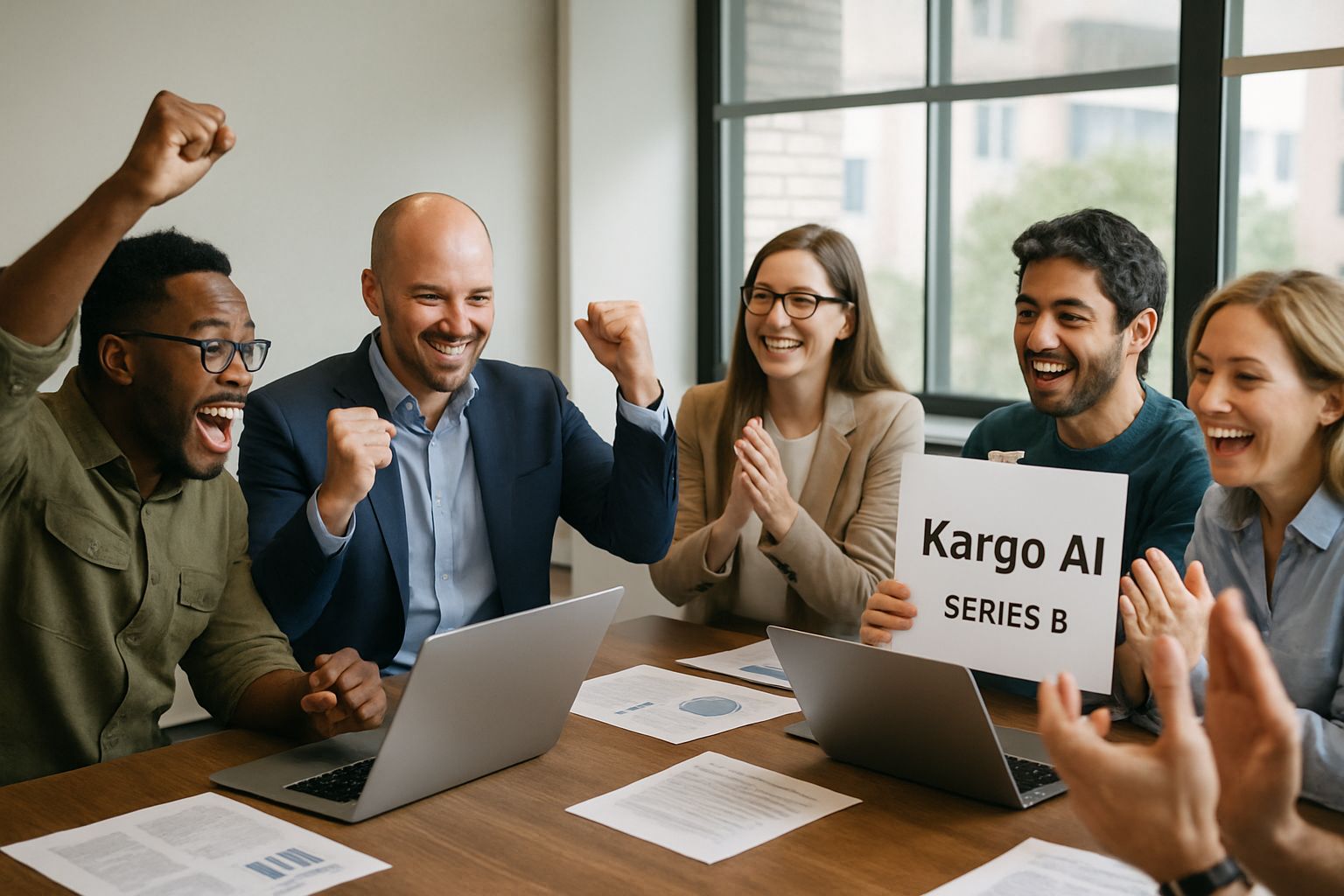 Kargo AI executives celebrate Series B funding in real office setting