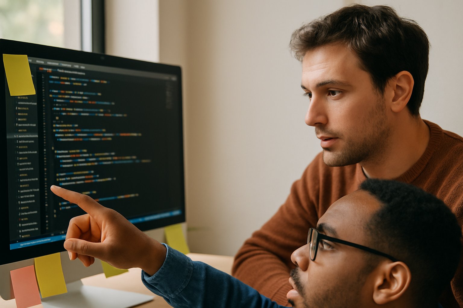 Engineers discuss Coordinated Multi-agent Coding with code on screen in daylight office.