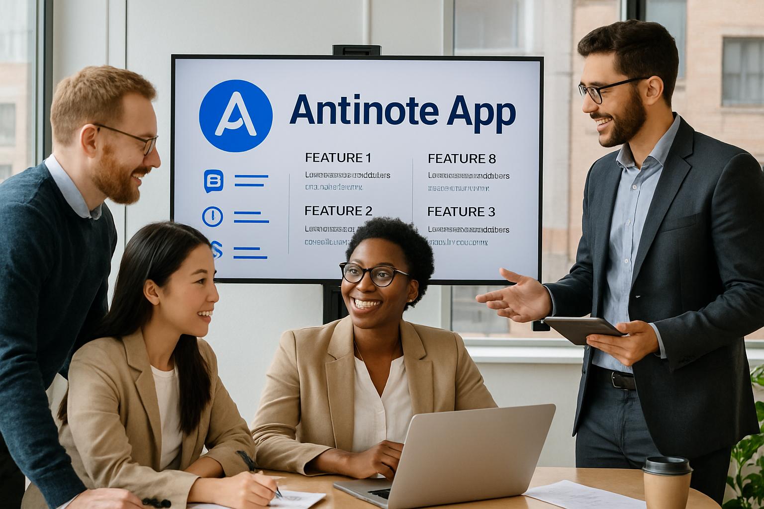 Professionals discussing Antinote App features on a screen in a bright office.