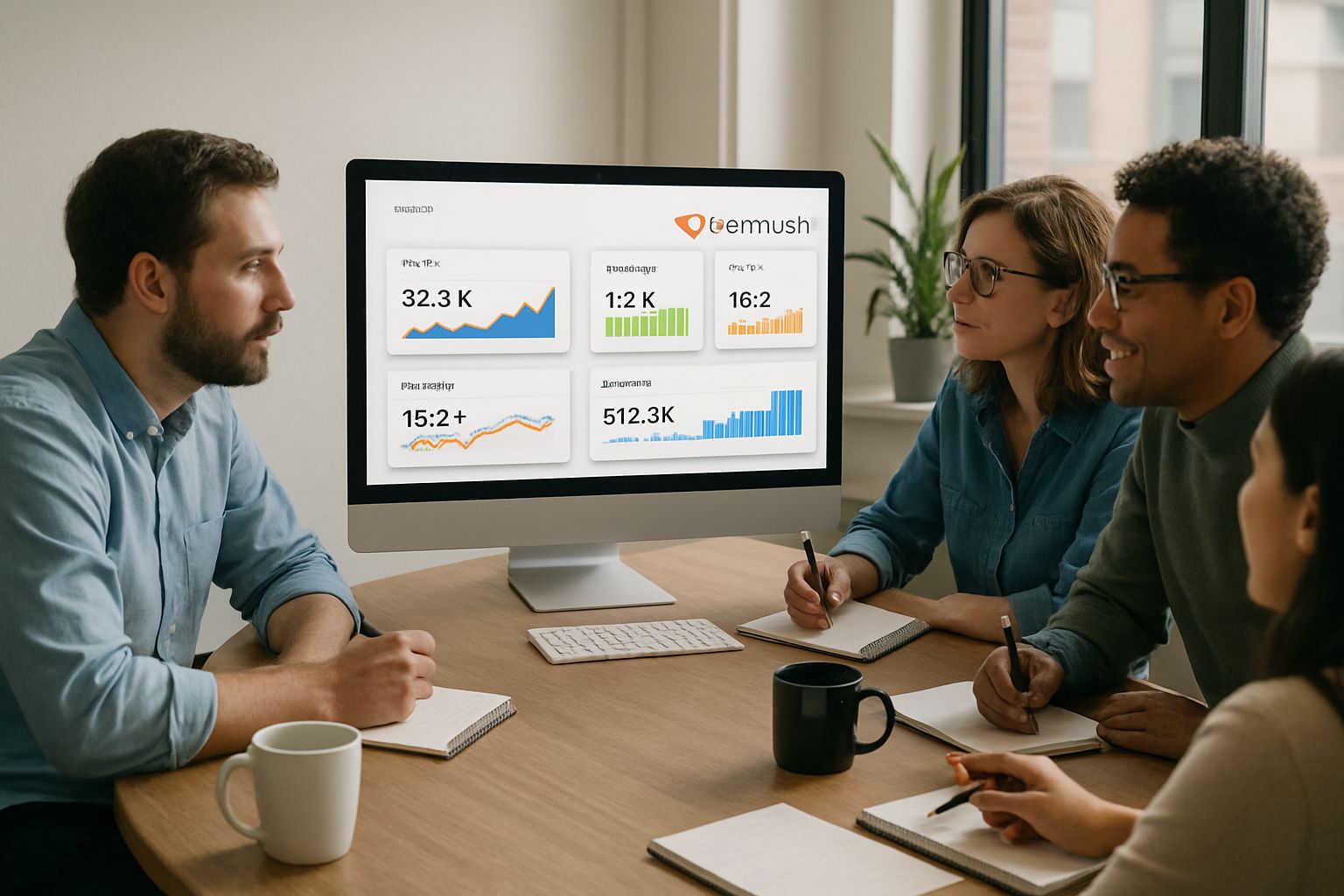 Marketing team analyzing AI Search Visibility results on screen