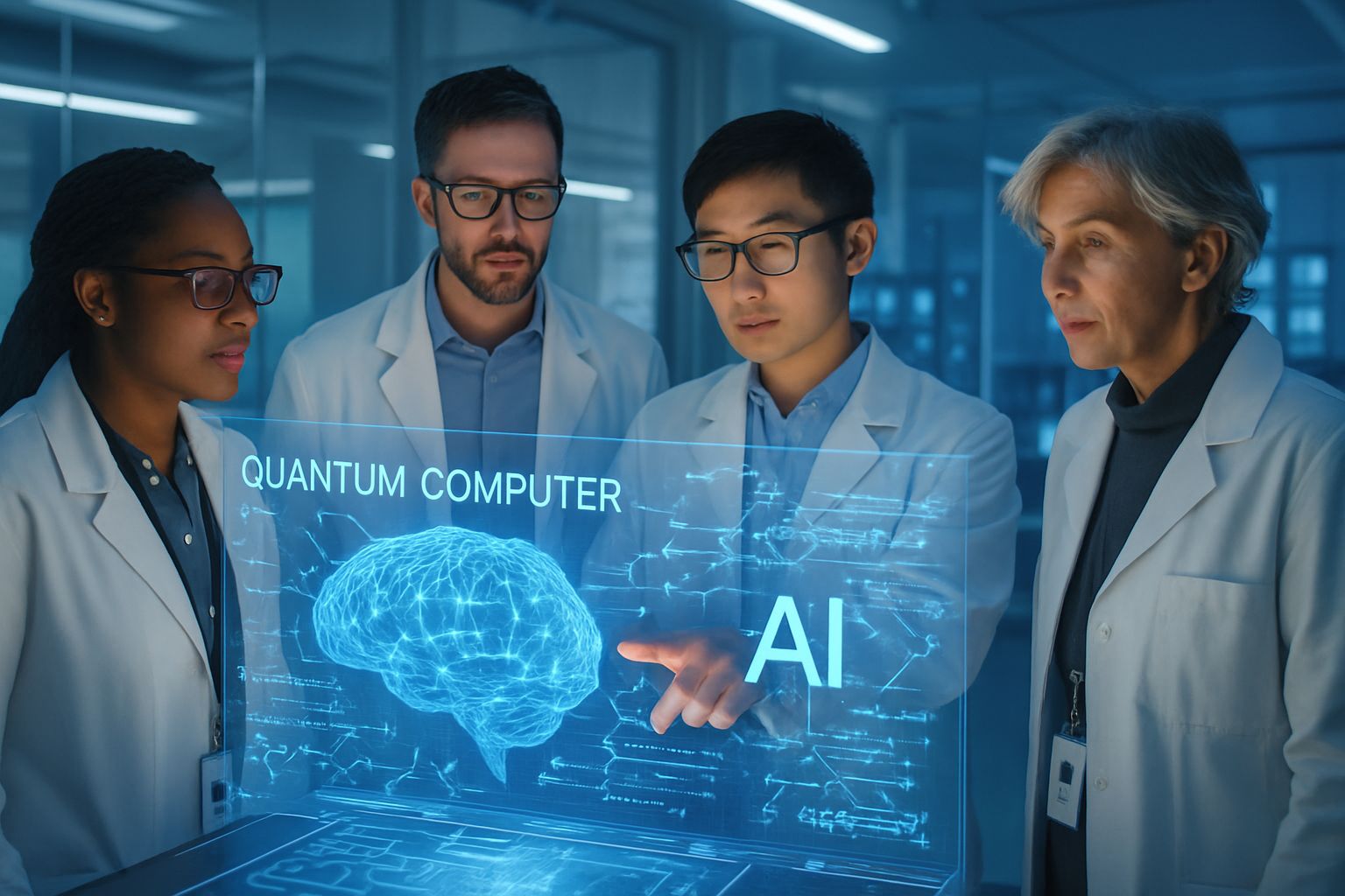 Scientists collaborating on Quantum AI Computing advancements with Google Willow chip.