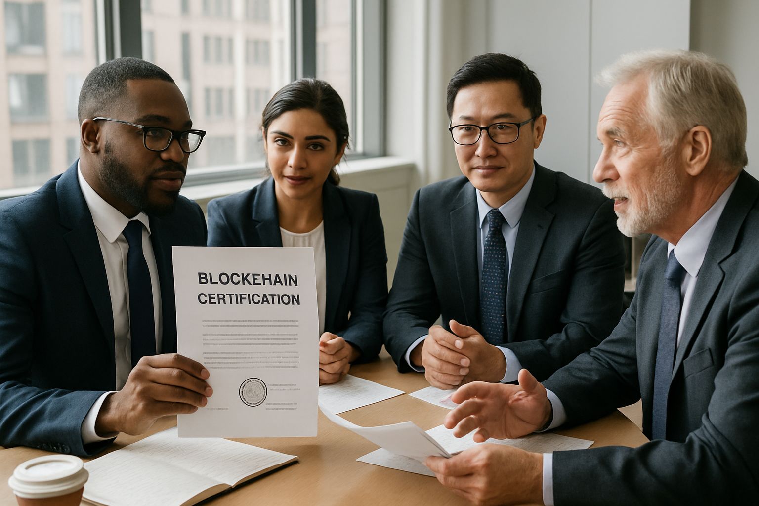Professionals discussing MND Token Era certifications in an office meeting.