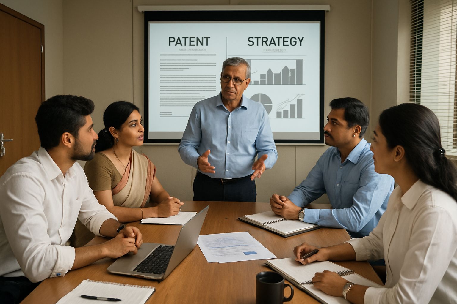 Professional team discussing IP Landscape strategies in an Indian office conference room