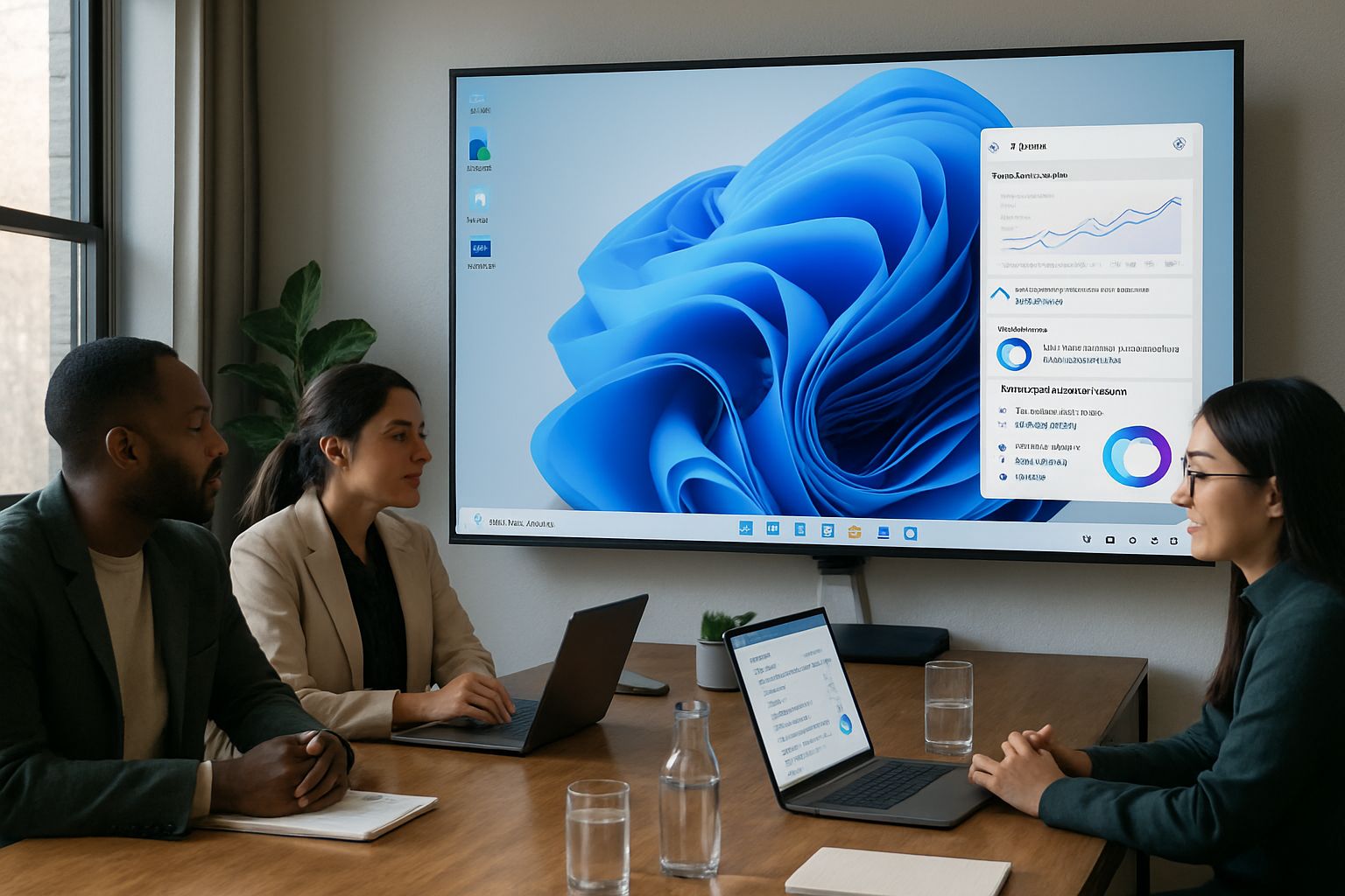 Team collaborating with Windows 11 AI features during an office meeting.