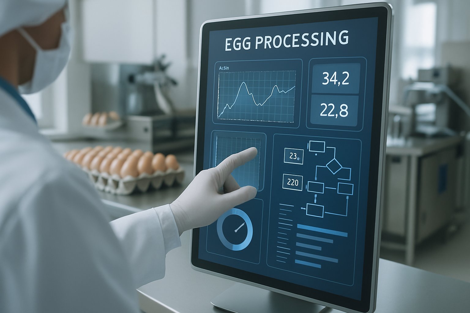 Food Tech engineer analyzing egg processing data with digital touchscreens and lab equipment.