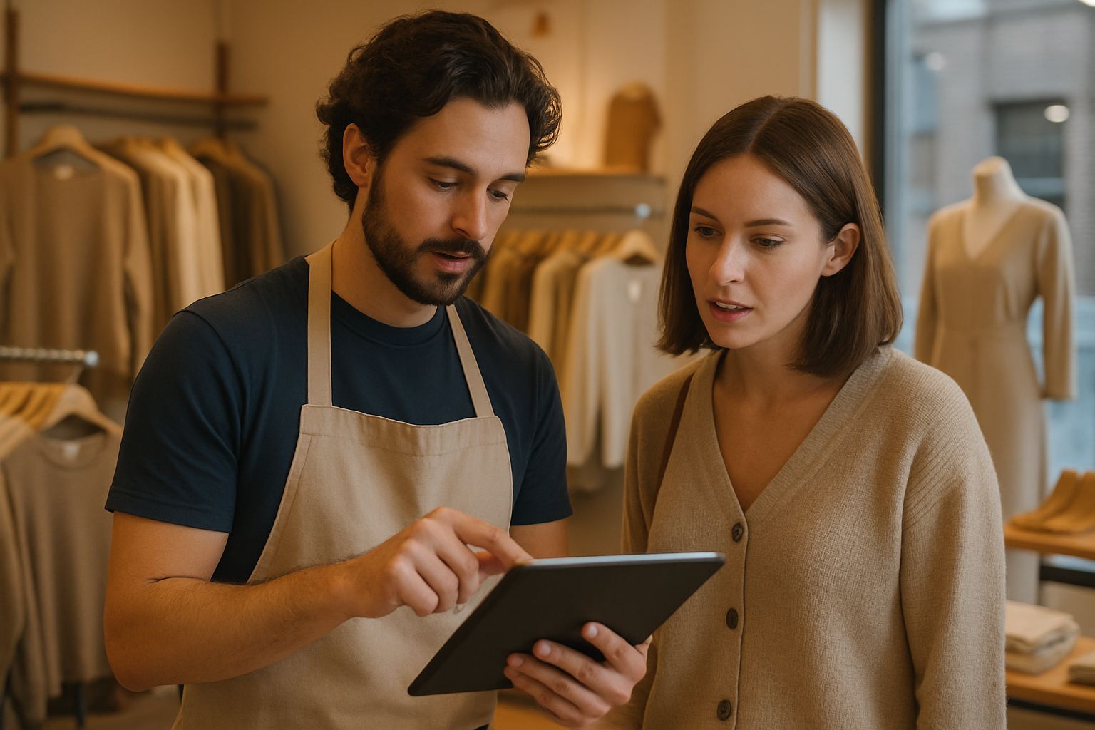 Retail Personalization with staff using tablets for customer recommendations.