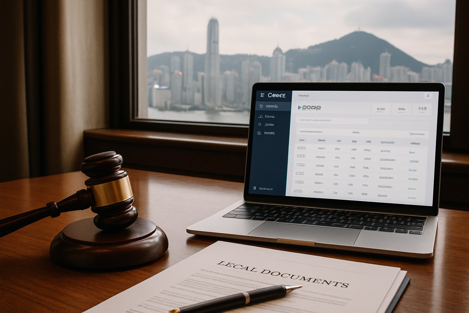 Hong Kong law office desk with IOMed software for dispute resolution.