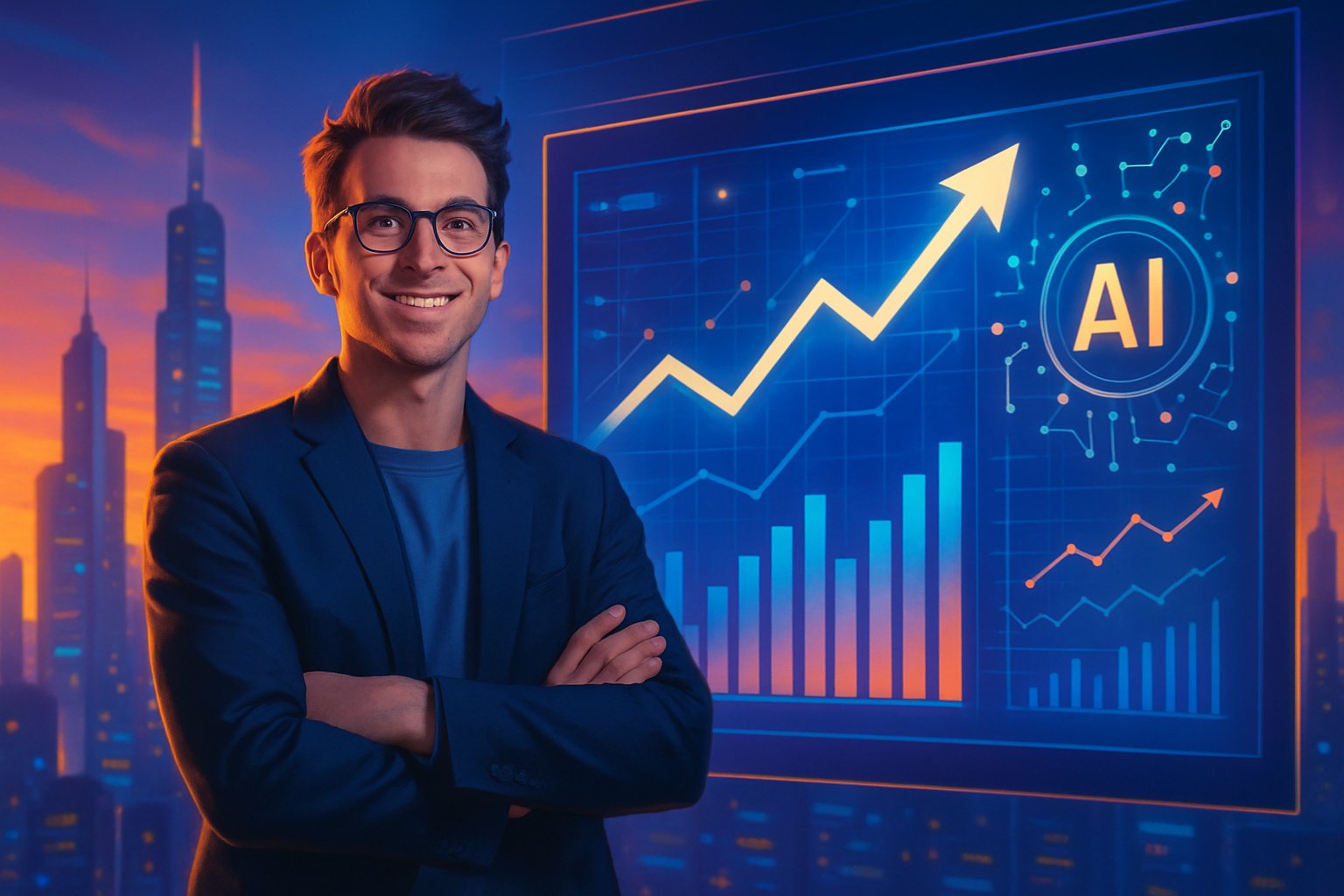 Entrepreneurial tech founder visualizing growth metrics with futuristic cityscape backdrop.