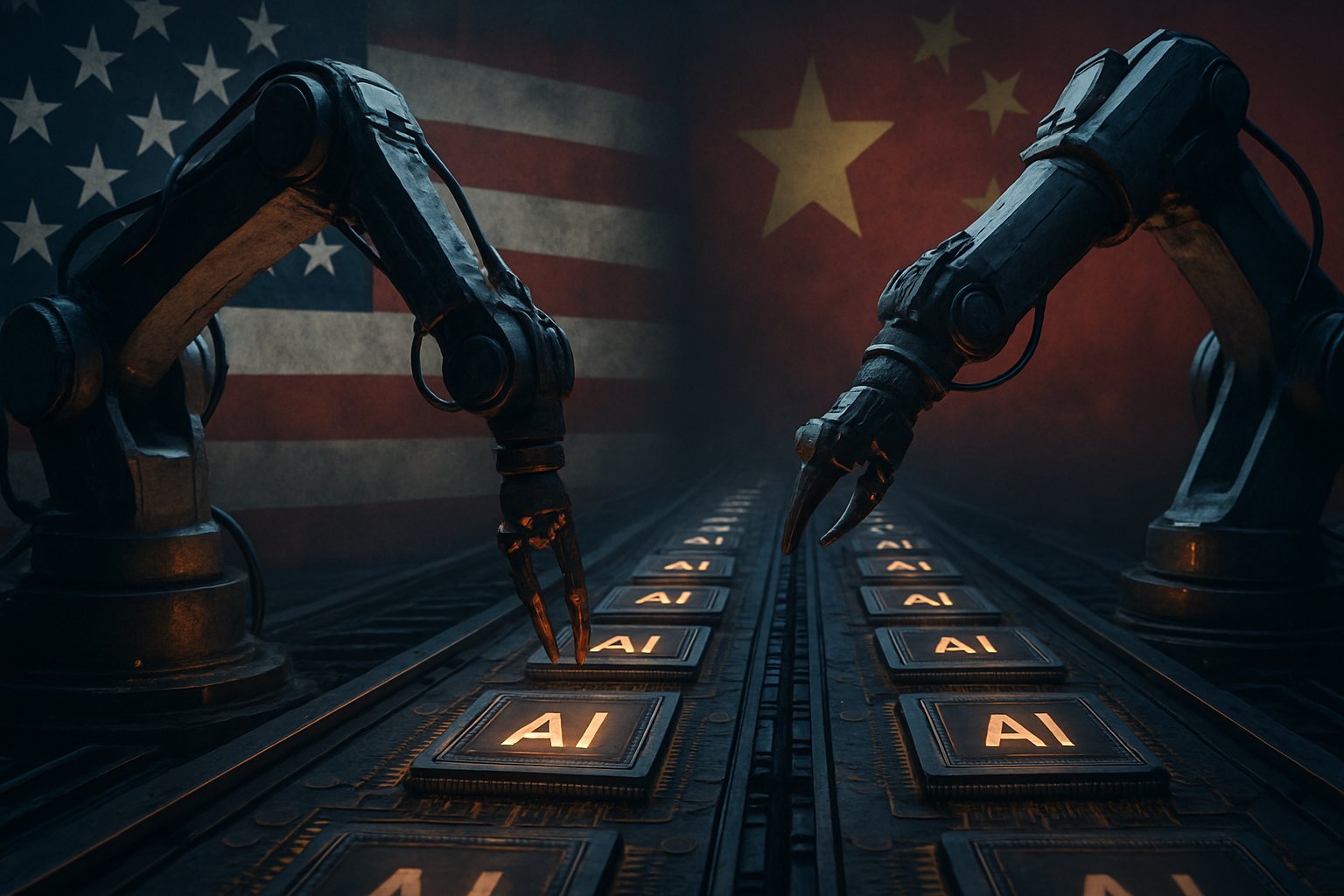 Geopolitical Risk in AI chip exports shown with US and China flags.