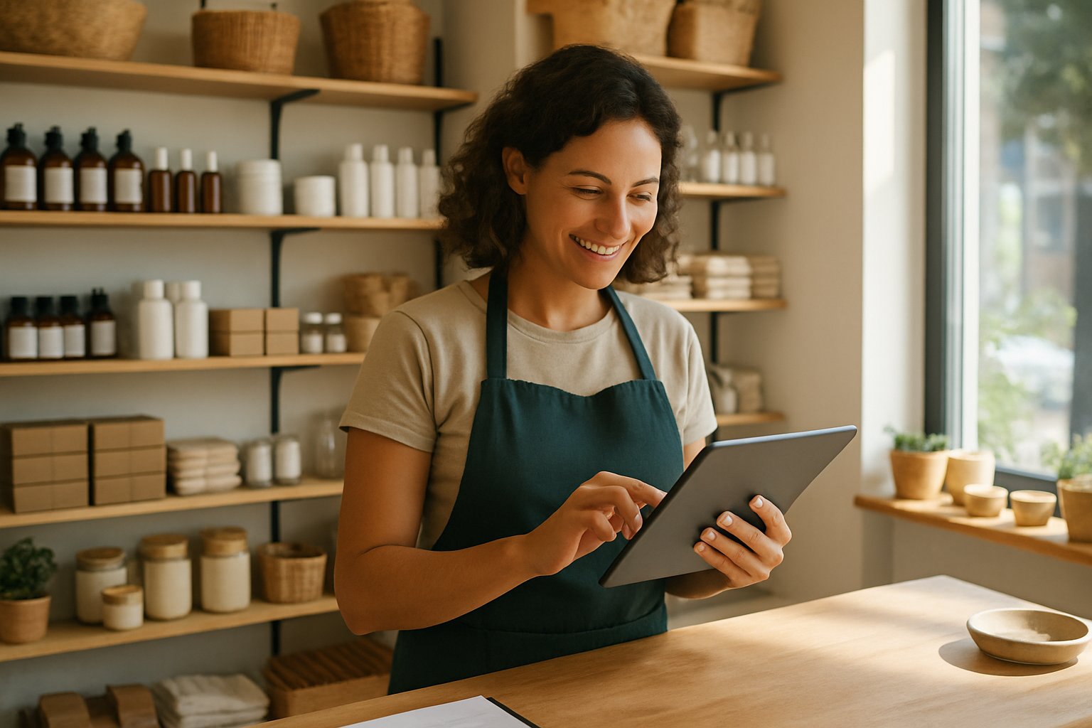 Small Business owner using technology to manage shop