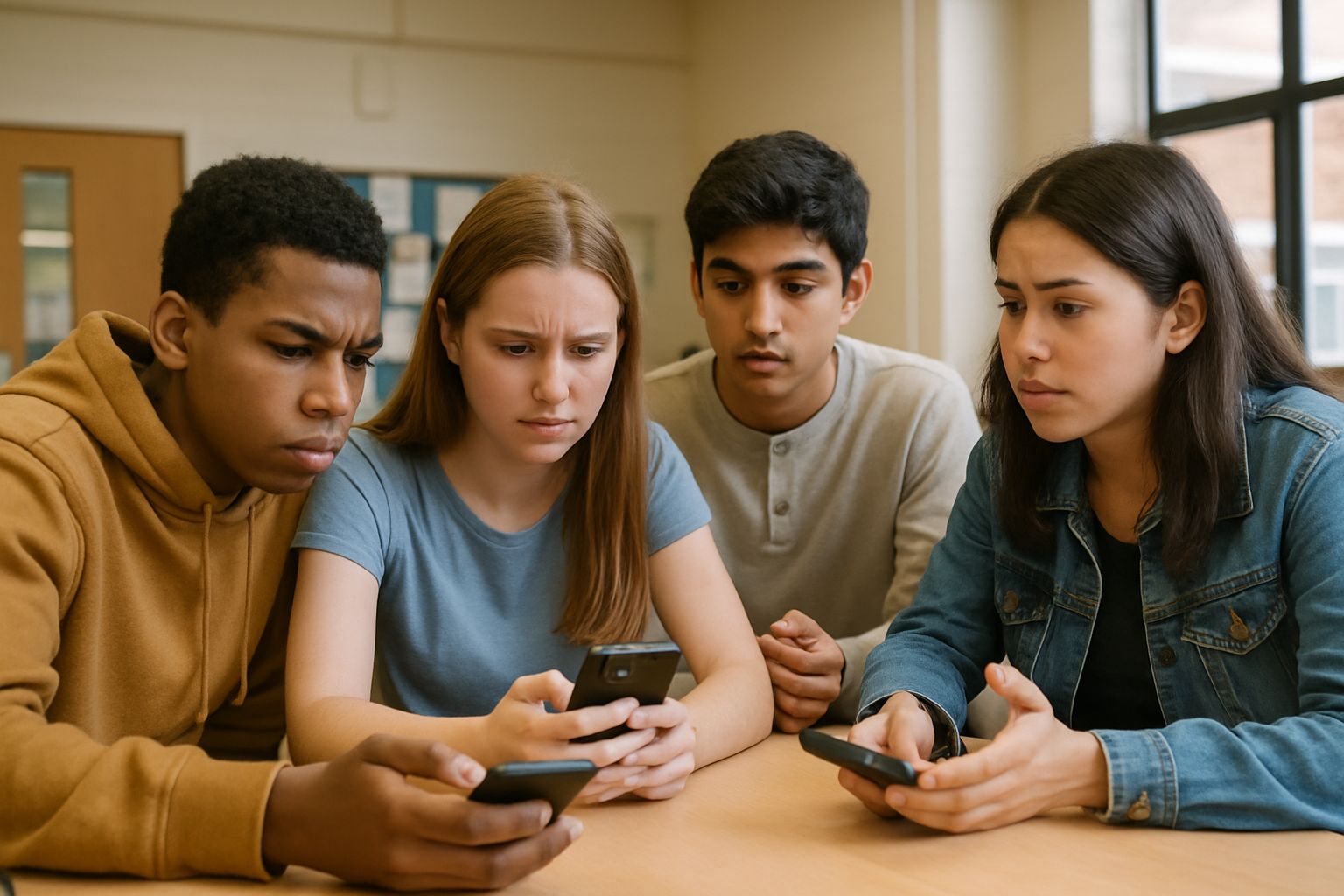 Teenagers discussing Meta Lawsuit and online safety concerns in community center.