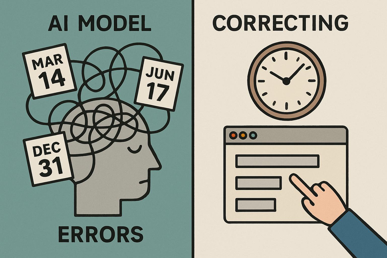 Infographic showing LLM Temporal Limitations and tools like context windows and system clocks for fixes.