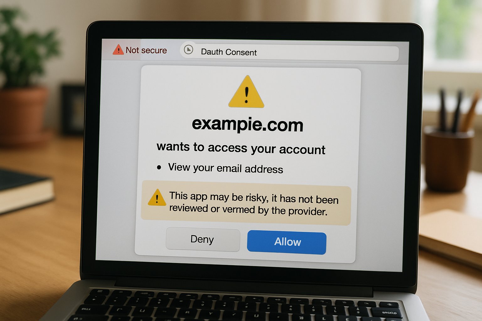 Cybersecurity Risk demonstrated through a close-up of OAuth token abuse on a laptop.