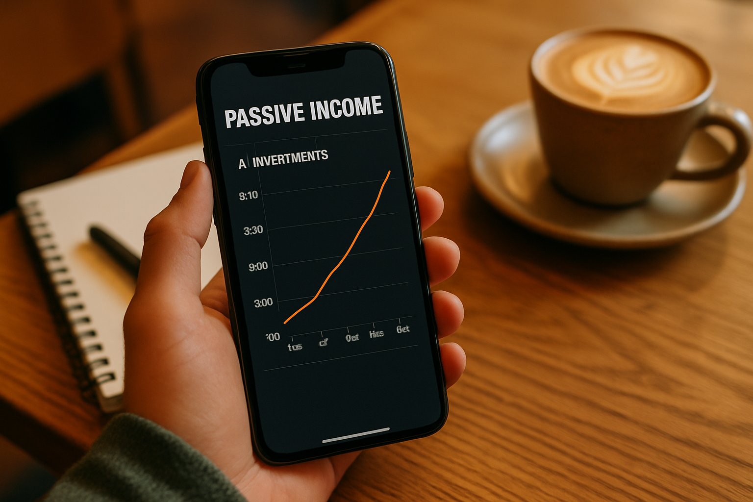 AI Passive Income earnings graph on smartphone screen in real-world café setting.