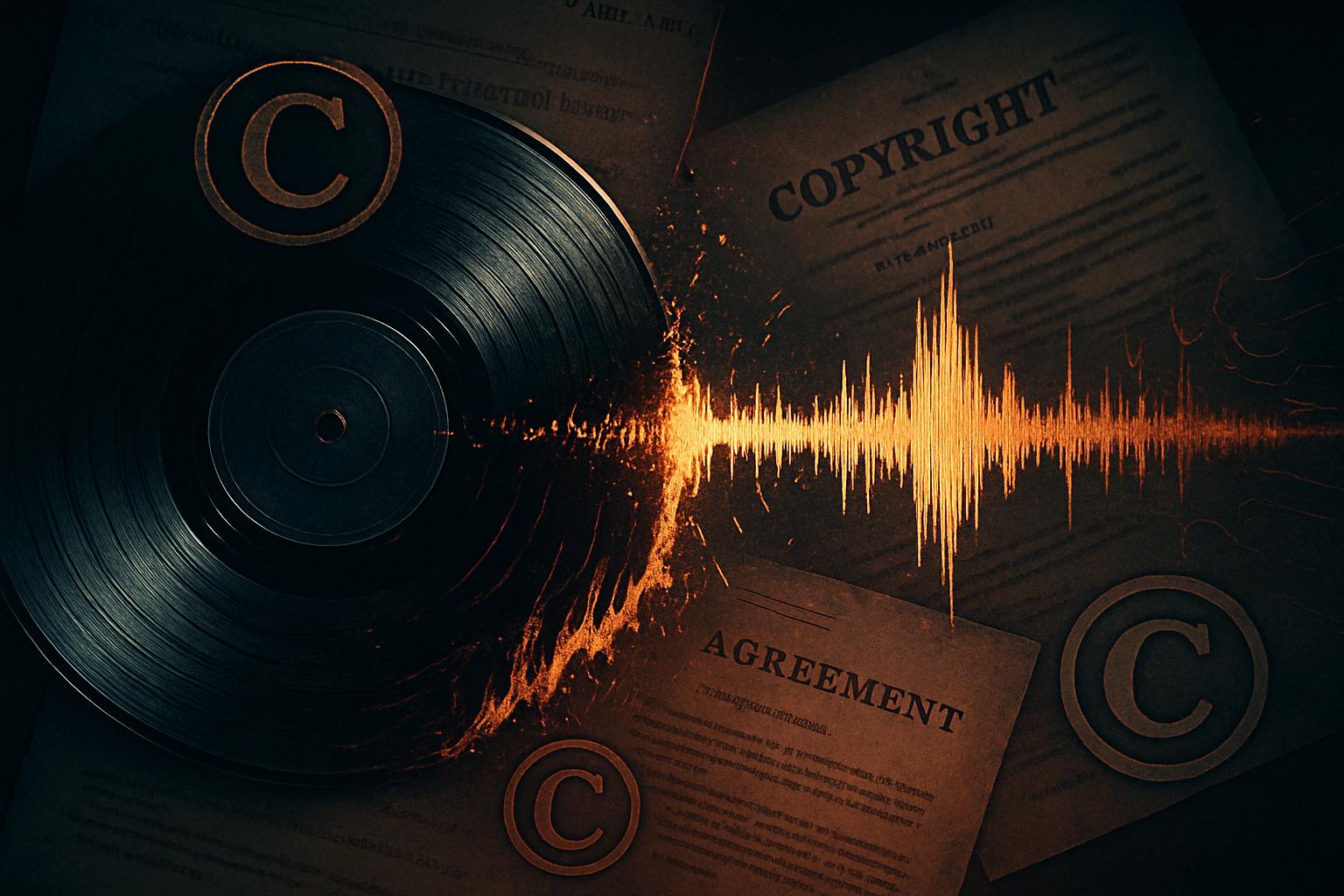 Music Industry Copyright illustrated by vinyl record and digital waveform clash
