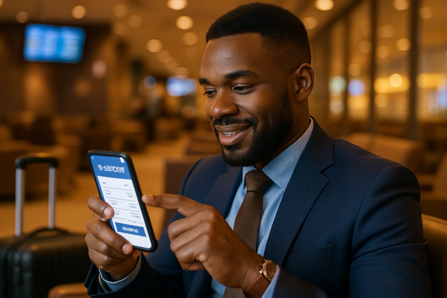 Traveler uses AI booking app showing Everyone Trust in real airport setting.