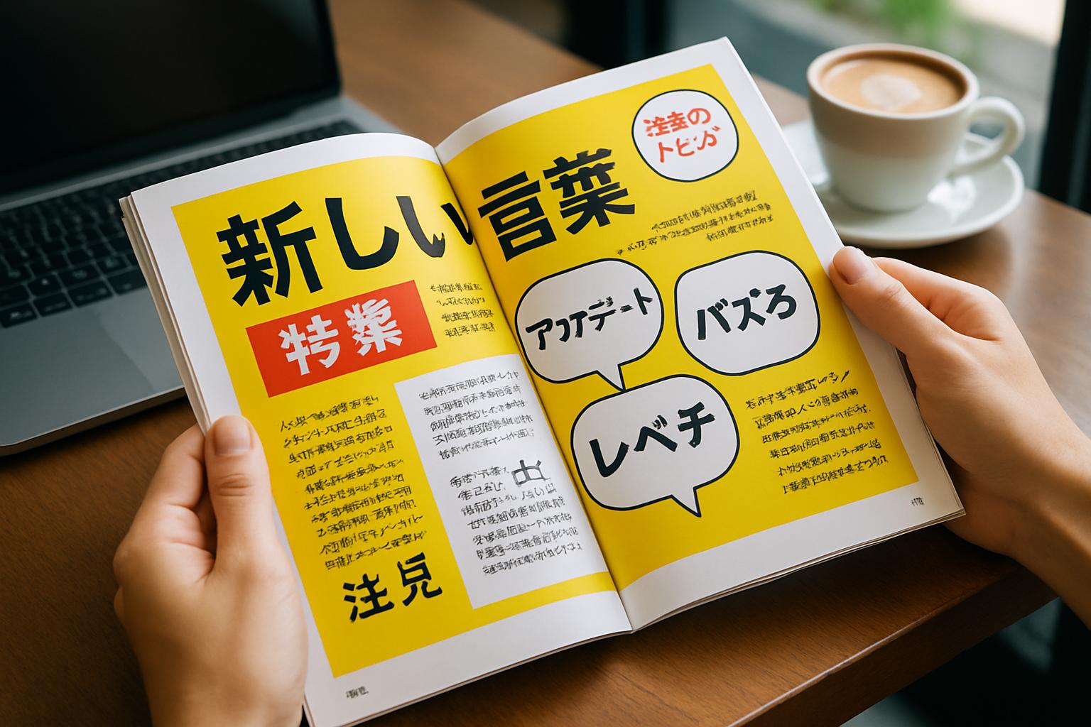 Linguistic Trends highlighted in popular Japanese magazine on café table.