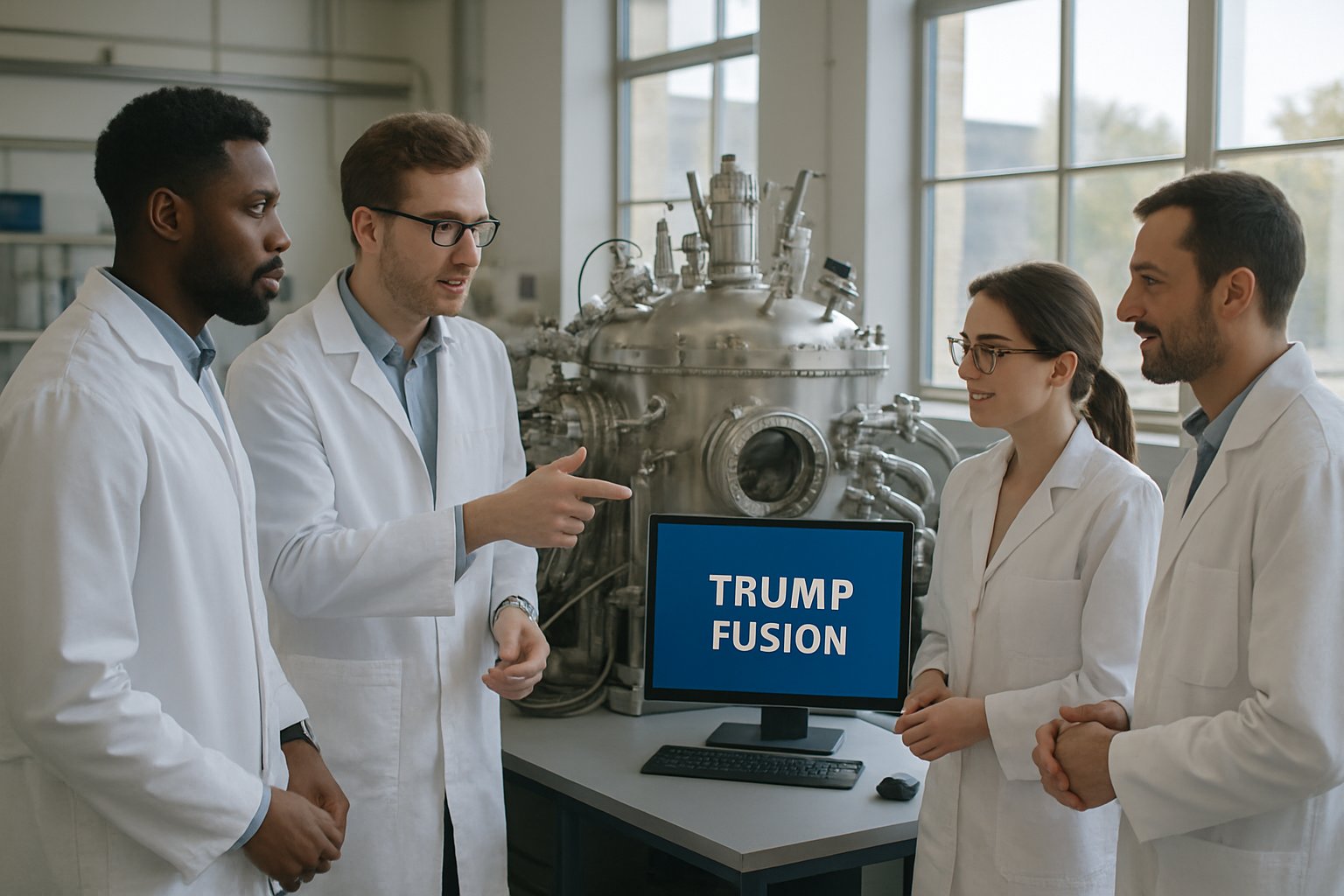 Trump Fusion engineers working on nuclear fusion technology in a lab.