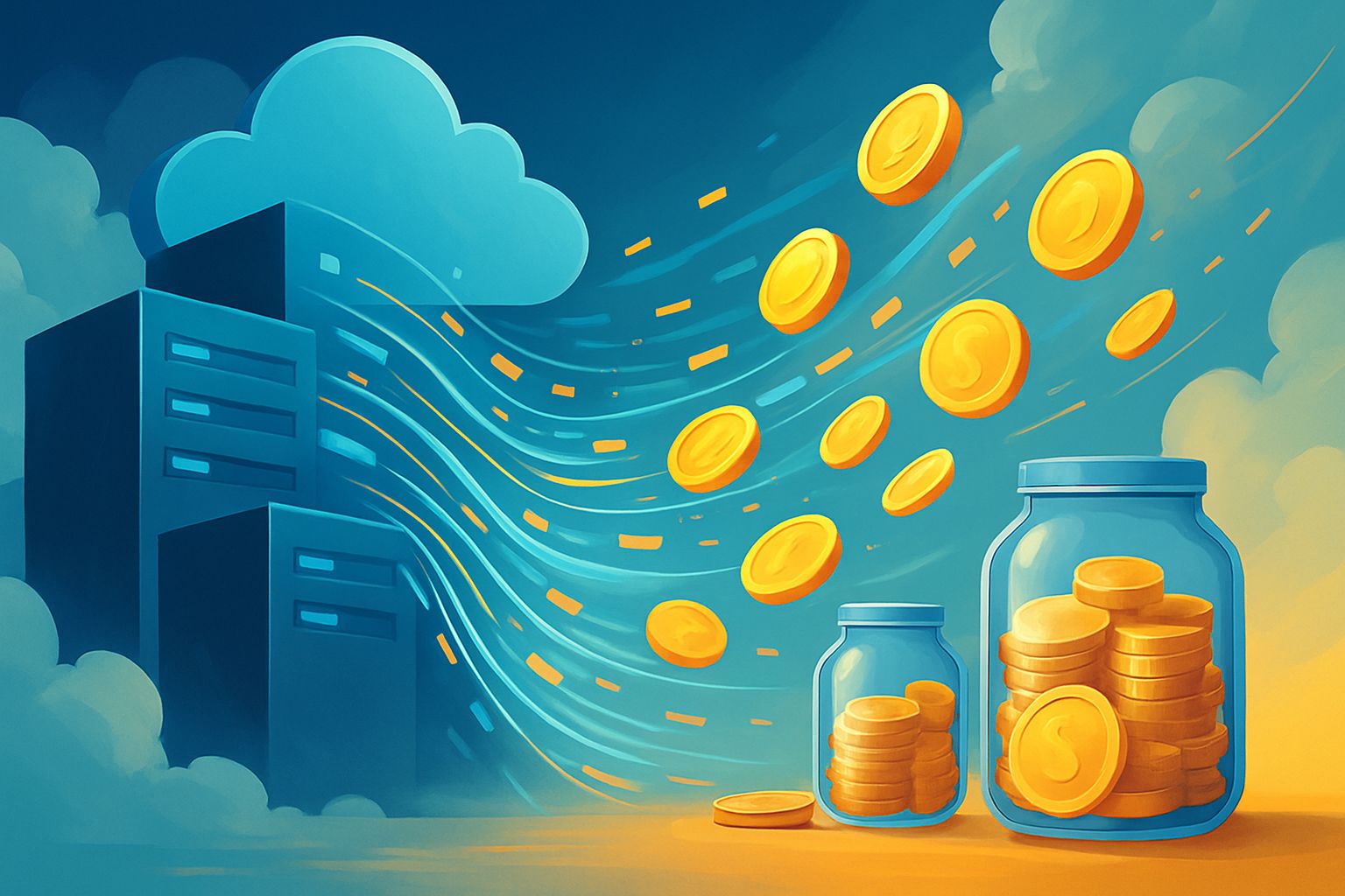 Cloud Model Costs savings transformation shown through servers and digital coins.