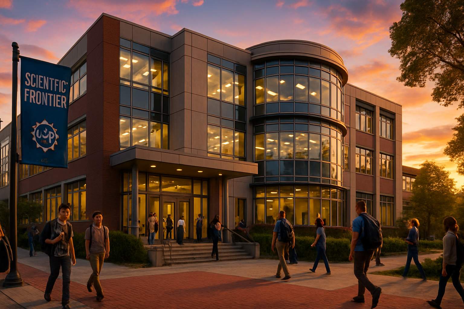 Modern university research center focused on the Scientific Frontier at sunset.