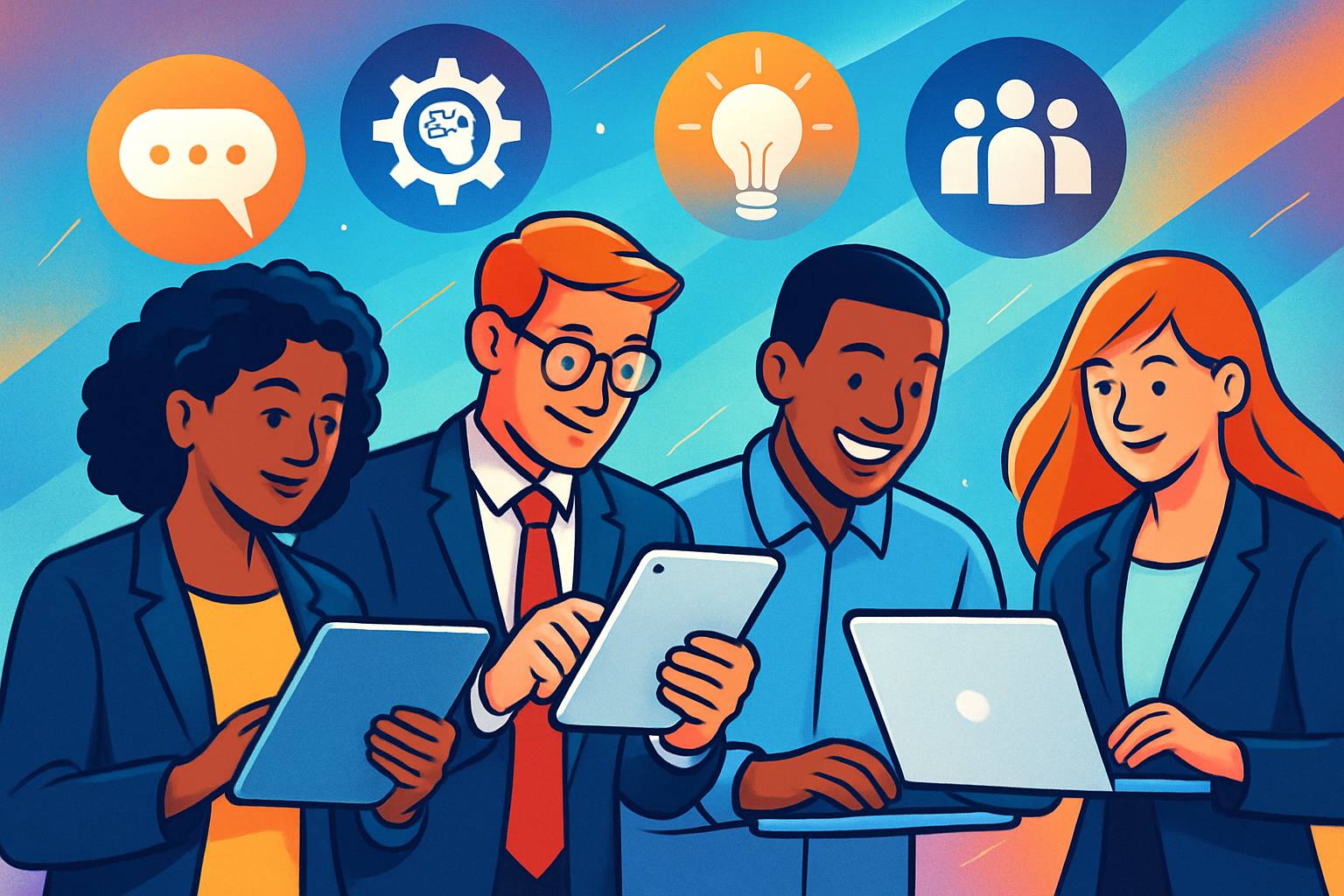 Professionals learning Workforce Skills with digital technology.