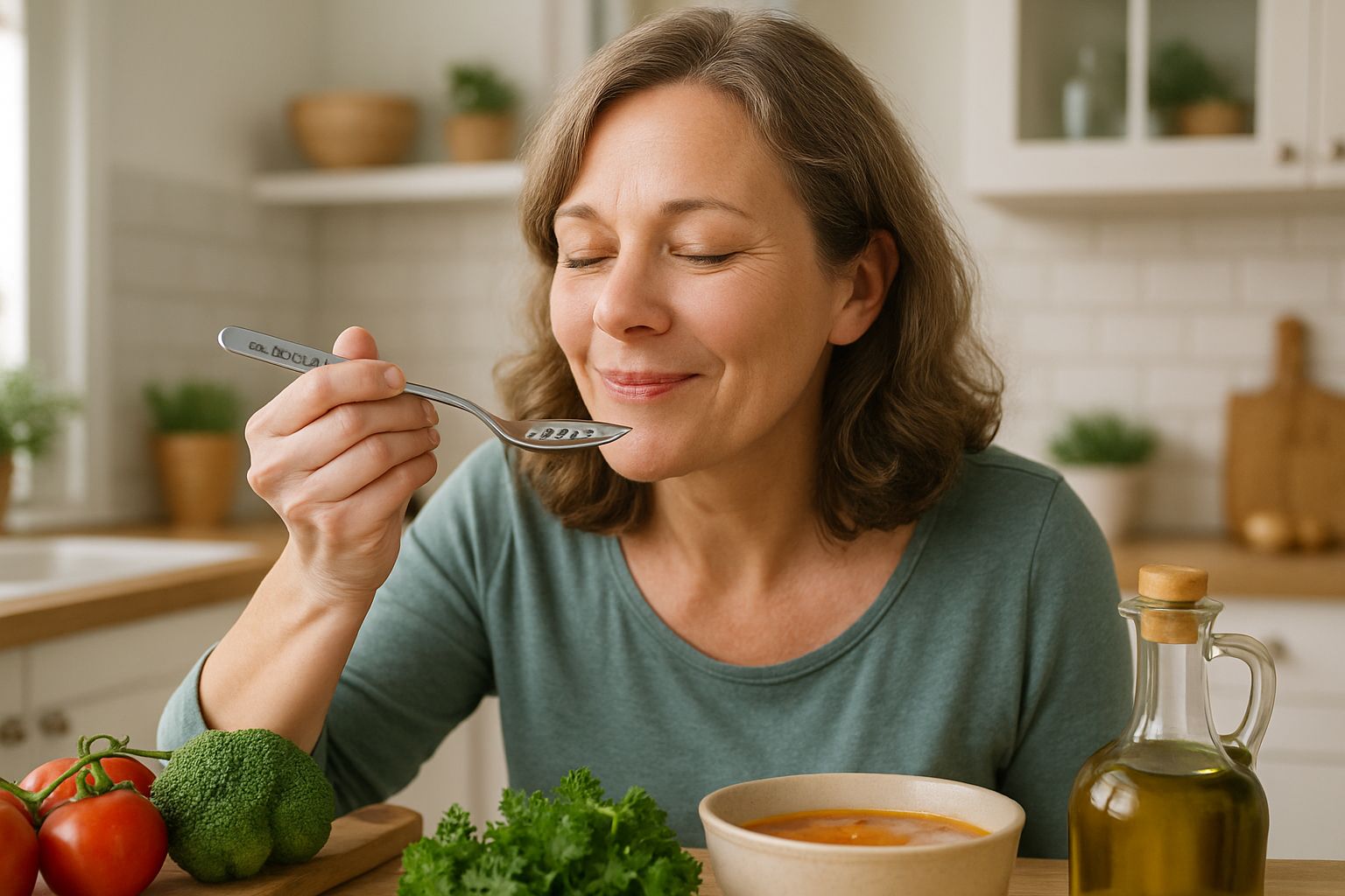 Woman uses Low Salt Spoon to enjoy healthy meal at home