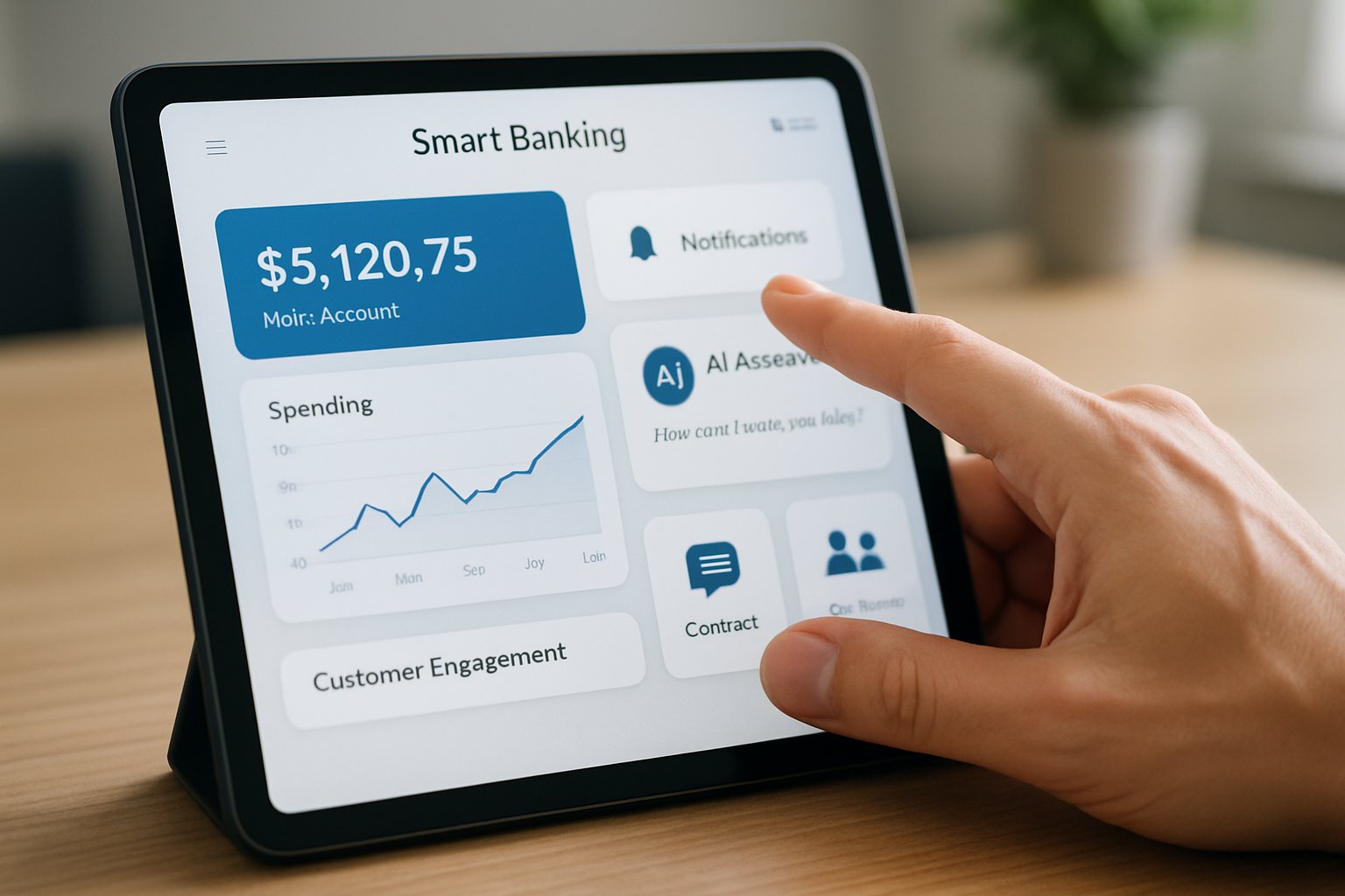 Hand using AI Banking app with advanced features on tablet