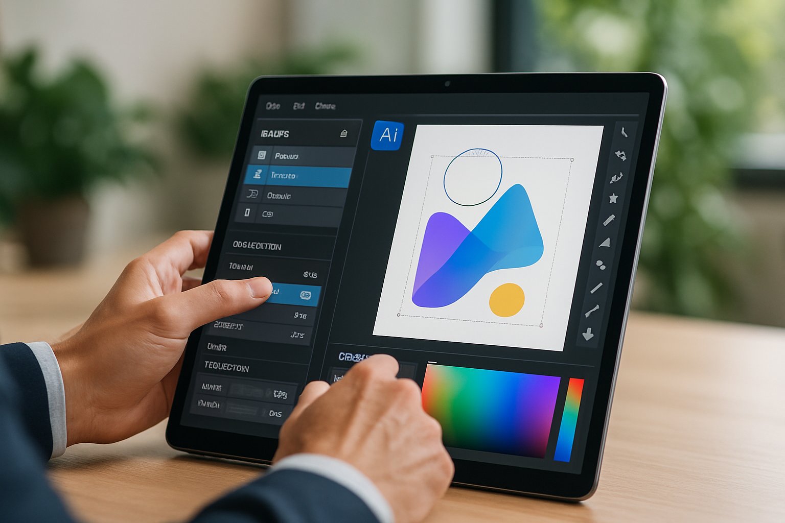 Professional using AI Design Partners software on a touchscreen tablet.