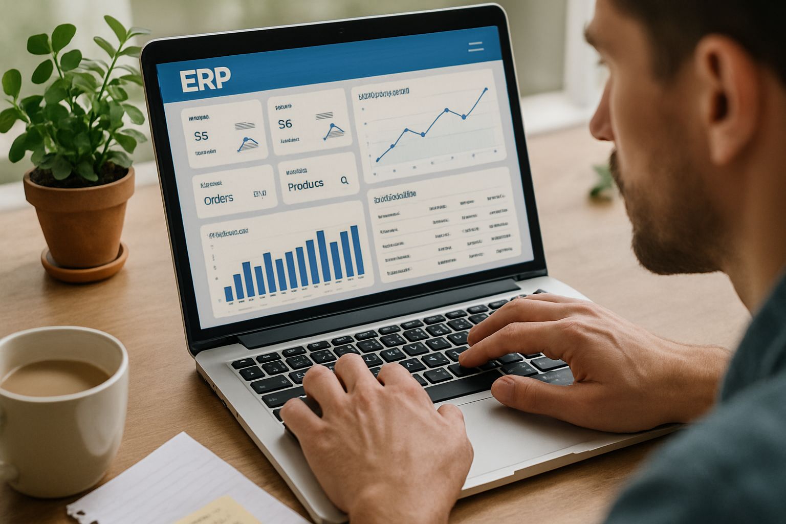 Employee utilizing Human Centered ERP software for productivity at a modern workspace.