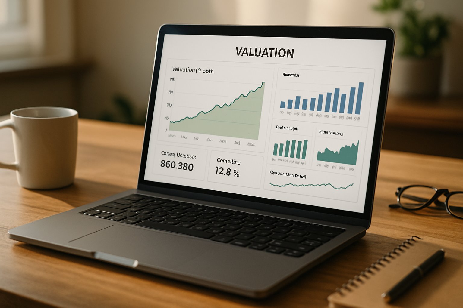 Financial dashboard displays Vibe Coding Valuation growth metrics on laptop.