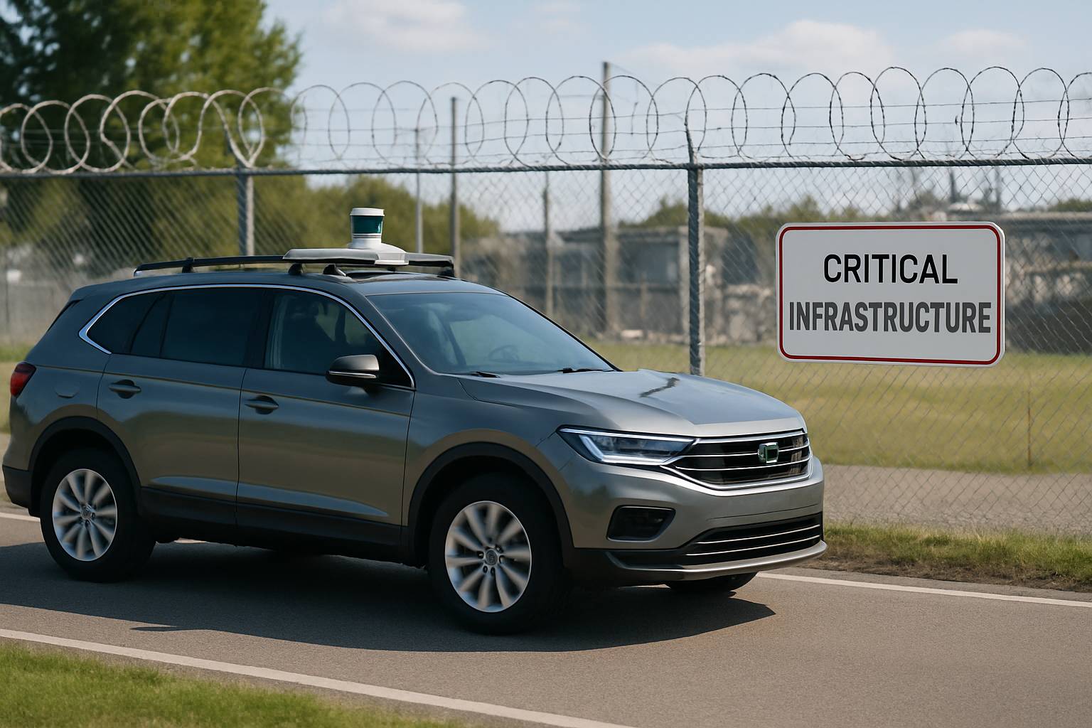 Modern vehicle with LiDAR sensors near critical infrastructure highlights National Security concerns.