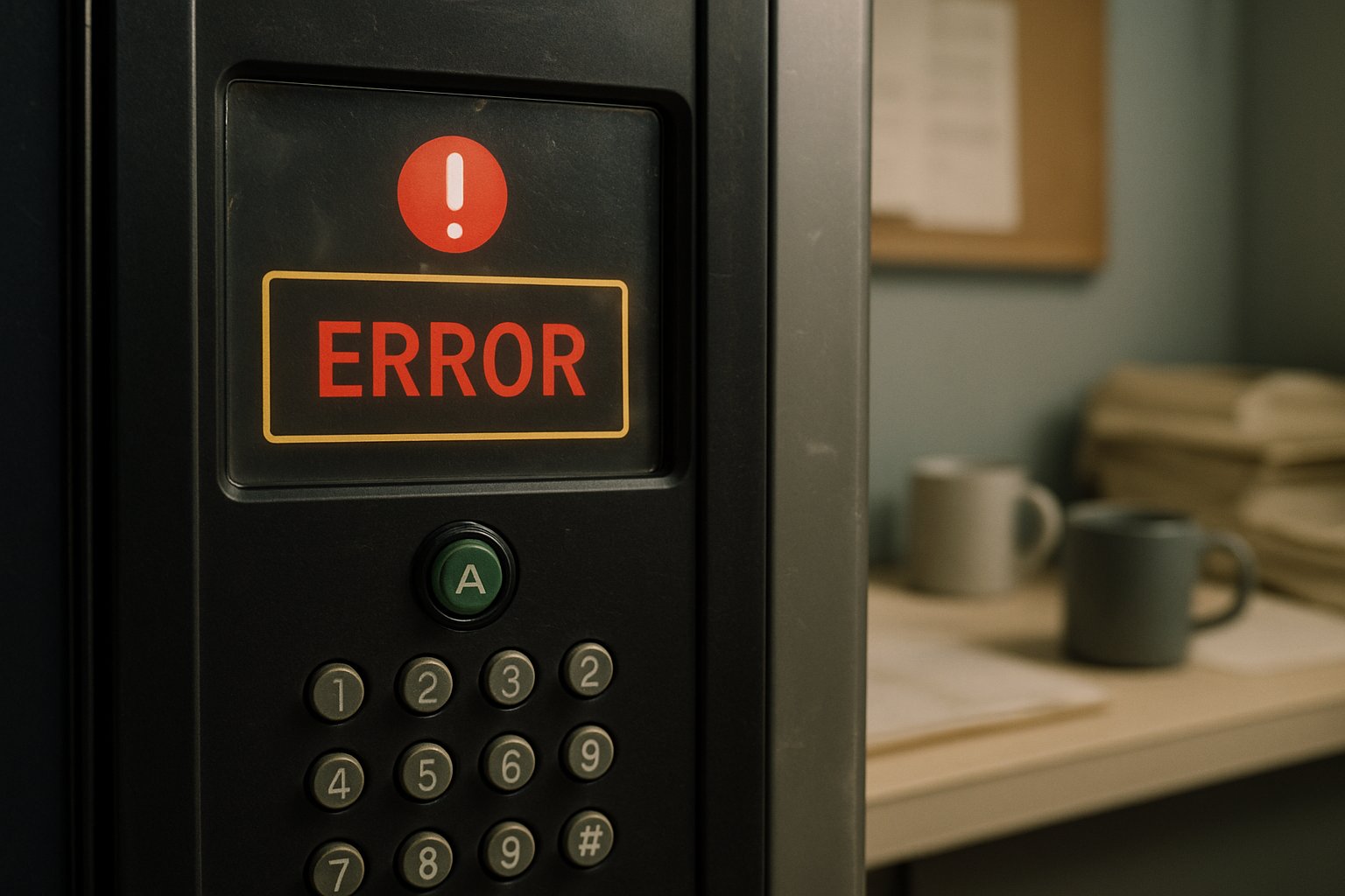 Vending machine user interface error message in workplace reflecting vending machine trial issues.